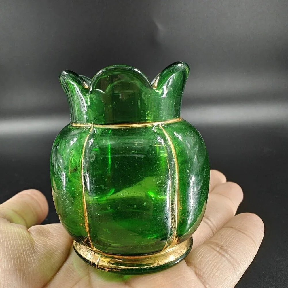 Antique EAPG Riverside Glass Vase Vessel Hand Painted Gold Lines‎ Green Vase VTG